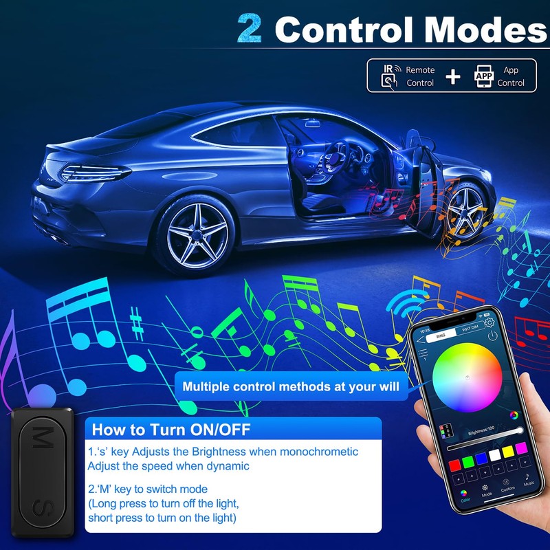 Acrylic Interior Car LED Strip Light with Wireless APP, RGB