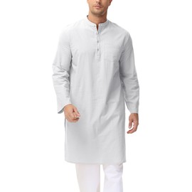 LVCBL Kaftan Men's Muslim Robe Neck Long Sleeve Kaftan Button High Thobe M-3XL, White