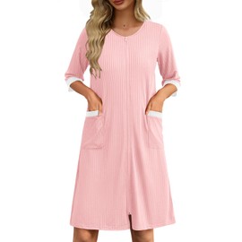 Ekouaer Womens Zipper Robe 3/4 Sleeve Ribbed Knit Short Housecoat Lightweight Knee Length Bathrobe with Pockets S-3XL