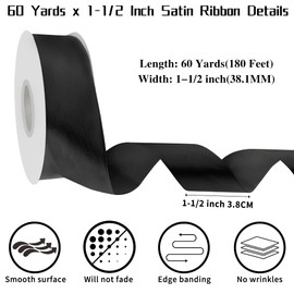 60 Yards x 1-1/2 Inch Black Ribbon: Black Satin Ribbon for Gift Wrapping Wedding & Mother's Day Flower Bouquet Packaging, Bows Making, Crafts, Floral, Hair Accessories and Invitation Decorations