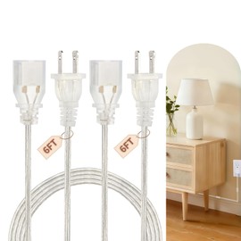 Rokneis 2 Pack Clear Extension Cord 6 feet, UL & ETL Certified Indoor Thin 2-Prong Power Cable for Lamps, Night Lights, Small Decor