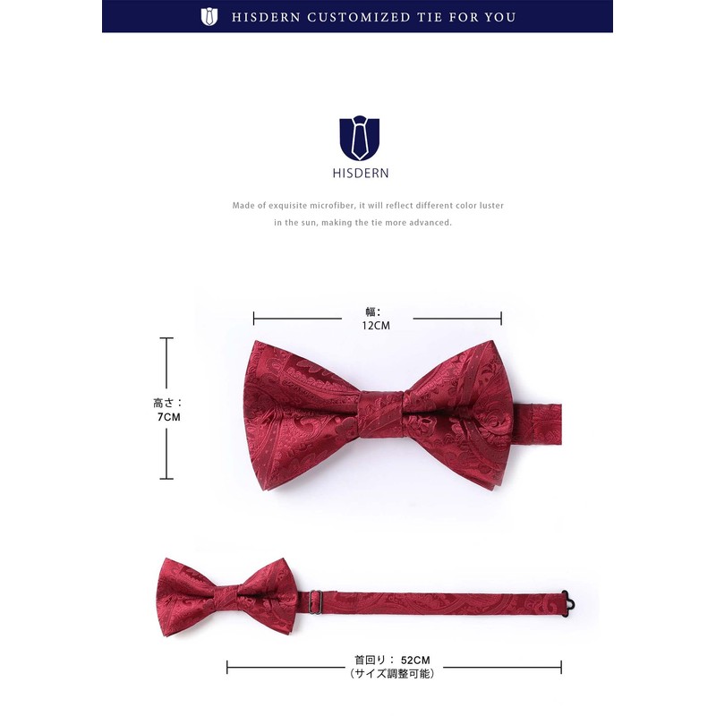[HISDERN] 蝶ネクタイ メンズ ワンタッチ ボウタイ - 幾何柄 ドット チェック ワインレッド