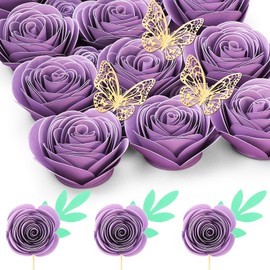 Mverse 18 Purple Roses Artificial Flowers, Forever Rose Paper Flower Gift Décor Cupcake Topper (Light Purple)