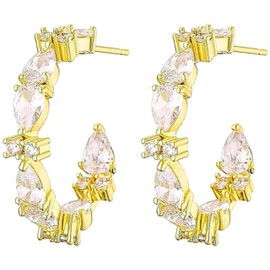 Razzberry 25mm 18k Yellow Gold Plated Plated Stud Hoop Earrings, Womens Baguette AAA Zircon Stones, with included Gift Pouch (Yellow Gold)