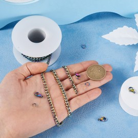 Crafans 5m Rainbow Curb Chain Roll for Necklace Bracelet Stainless Steel Cuban Link Chain 6.5x4.5mm Twisted Chains with Clasps Jump Rings for DIY Jewelry Making