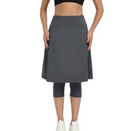 Women Knee Length Athletic Skirts with Leggings,Skirted Leggings Skorts Capris with Skirts for Women Skort Zipper Pockets(Grey 2XL)