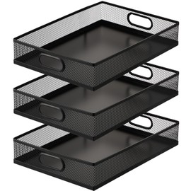 Tandefio 3 Pcs Desk Drawer Organizer Tray Metal Mesh Desktop Storage Box File Organizer with Handle Portable Large Storage Basket for Office Supplies Craft Magazine Paper 12.87" x 9" x 2.4" (Black)