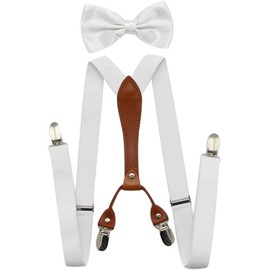 FATASH Kids Elastic Braces & Bow Tie Set | Adjustable Leather-Backed Suspenders Y-Shape Clip-on Toddler | Children's Waistcoat Costume Accessory | Suitable for Boys & Girls Ages Up to 8 Years - White