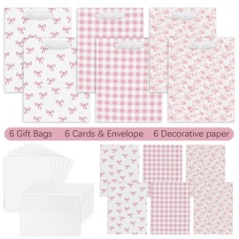 Coquette Charm Pink Bow Gift Bags Set of 6 - Medium Sized 9" Bags with Handles incl. Matching Tissue Paper, Cards in Pink for Girl- Reusable & For Presents of Any Birthday, Weddings，Bridal Shower