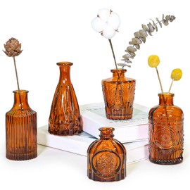 SUPMIND Glass Bud Vase Set of 5, Amber Small Flower Vases for Centerpieces in Bulk, Mini Vintage Vase for Rustic Wedding, Home,Table Decoration