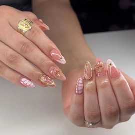 Press on Almond Nails Spring Glossy Full Cover Medium Almond False Nails with Floral Designs Artificial Almond Shaped Fake Nails with Charms Glue Stick ons Fingernails for Women Girls(JP3514)