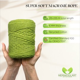 MeriWoolArt® Macrame Yarn Green - Super Soft Cotton Cord, 225 m, 4 mm, Perfect for Wall Hangings, Hanging Baskets, Curtains & DIY Decor