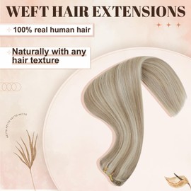Hetto Weft Hair Extensions Human Hair Blonde Highlighted Sew in Hair Extensions Real Human Hair 20 Inch Sew in Weft Hair Extensions Human Hair Ash Blonde Highlights for Women 100g