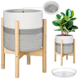 Sunnychicc Plant Basket with Stand Indoor Planter Pot Holder Sturdy Jute Rope Modern Woven Plant Basket, Cotton Rope Woven Pot with Bamboo Plant Stand(White and Gray,10 Inch)
