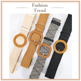 VONMELLI 4 Pack Straw Woven Elastic Stretch Waist Belt for Women Fashion Dress, Boho Braided Women's Belts, Brown Stripe Beige Black M