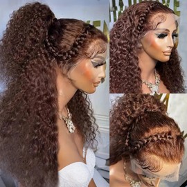 FFEGG 250% Density Curly Human Hair wig 13x6 Auburn Brown Mongolian Deep Transparent Lace Front Wigs for Women With Baby Hair Chocolate Curly Lace Front Wig 24 Inch