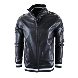 SCREENSHOT-F61307 Mens PU Urban Premium Track Jacket - Vegan Leather Athletic Active Streetwear Fashion Top-Black-Small