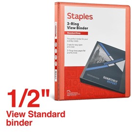 Staples Standard 1/2-Inch 3-Ring View Binder Orange