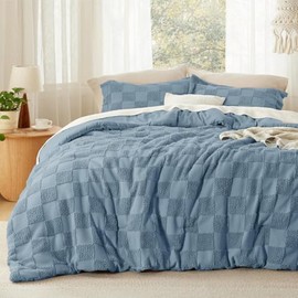 3-Piece Jacquard Checkered Farmhouse Boho Comforter Set King Size | Tufted Textured Soft Cozy Brushed Microfiber Gingham Block Pattern Plain Weave | Pretty Mineral Blue Color Shabby Chic Bedding