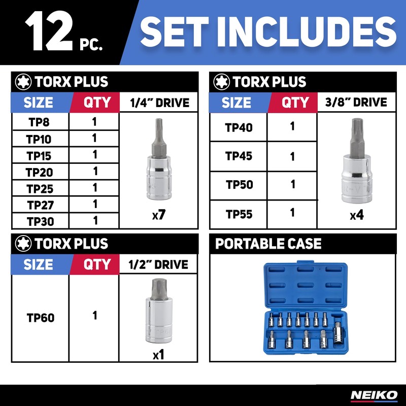 Neiko 10086A 6 Point Torx Plus Bit Socket Set, 1/4-Inch,