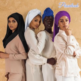 Pack of 4 Stretch Jersey Turban Head Wrap Knitted Headwraps Urban Hair Scarf Plain Ultra Soft Extra Long Breathable Headband Tie for Women, Black/White/Blue/Purple