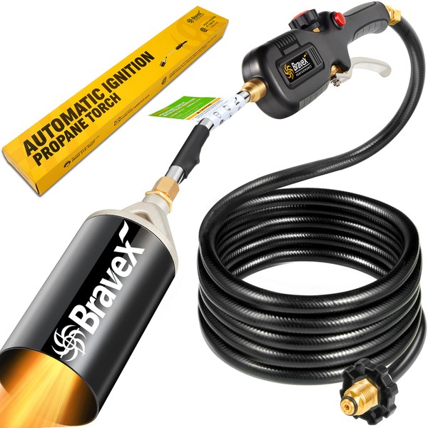 Bravex Propane Torch Weed Burner Automatic Electronic Ignition, Electric Pulse Trigger Start Blow Torch, High Output 800,000 BTU with 10 ft Hose for Weeds Stumps,Ice Snow,Asphalt (Battery not include)