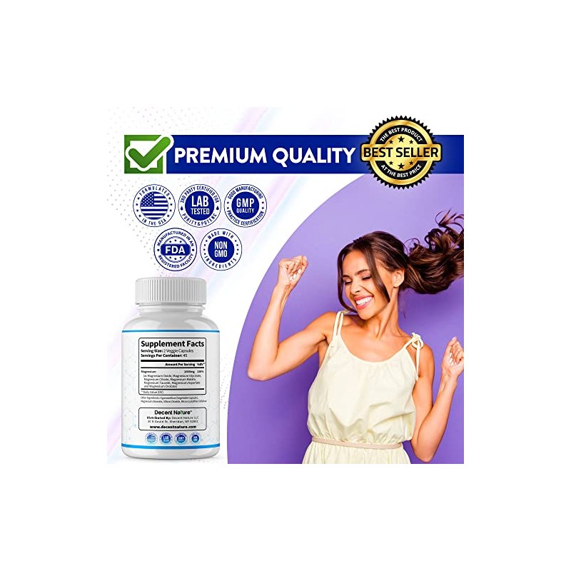 Decent Nature Complejo Magnesio Elemental Suplemento 1000mg Glicinato Citrato Malato