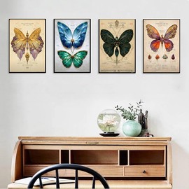 Minimalist Butterfly Poster with Gemstone Design,Nordic Aesthetic Butterflies Room Decor,Papillons Element Decorative Art Painting for Nature Lovers, Classrooms, and Home Decor