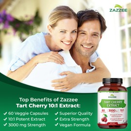 Zazzee Tart Cherry 10:1 Extract, 3000 mg Strength, 60 Vegan Capsules, 2 Month Supply, Certified Kosher, Concentrated and Standardized 10X Extract, 100% Vegetarian, All-Natural, Gluten Free, Non-GMO