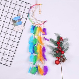 MOREBEST Dream Catcher Handmade Moon Design with Feathers Dreamcatcher Wall Hanging Home Decoration Ornament Christmas Festival Craft for Bedroom Living Room Outdoor(Colourful Moon)