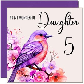 5th Daughter Birthday Card - Purple Watercolour Bird Daughters Birthday Card for 5 Year old Kids five, fifth