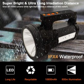 ERAY Powerful Large Flashlight Rechargeable, 10800mAH/15000 Lumens Handheld LED Spotlight, IPX4 Waterproof/6 Lighting Modes, Searchlight for Camping Hiking Emergency Power Outage