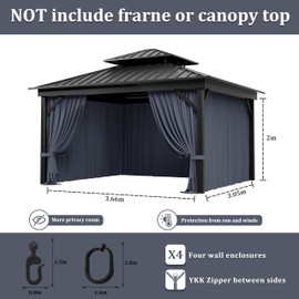 Pakunoda Gazebo Curtain Replacement Universal 4-Panel Sidewalls 10' X 12', Outdoor Privacy Curtains with Double Zipper, Replacement for Patio, Outdoor Canopy, Garden, and Backyard (Curtain Only)