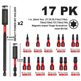 Geinxurn 17Pieces Torx Screwdriver Bit Set T7-T40,Impact Tough Magnetic 1 In. Torx Head Insert Bits, S2 Alloy Steel Star Bit with Impact Magnetic Bit Holder