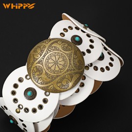 WHIPPY Western Leather Belts for Woman Concho Cowgirl Cowboy Disc Belt for Ladies Wide Boho Country Waist Belts for Dress White with Bronze Buckle L