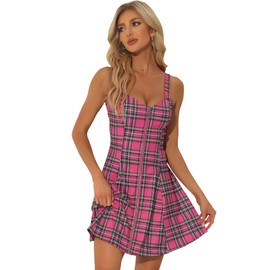 Allegra K Women's Plaid Strap Zipper Front Party Sleeveless Dress Small Hot Pink