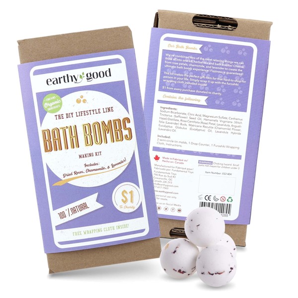 Earthy Good - Bath Bomb DIY Kit - 100% Natural Ingredients - Essential Oils, Dried Rose, Chamomile, Lavender - Make 10 mini Bath Bombs - Includes Furoshiki Wrapping Cloth - Eco Packaging Box