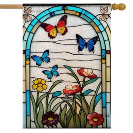 Spring Summer Butterfly House Flag Window Glass Style Flowers Vertical Double Sided Rustic Burlap Yard Outdoor Decor 28x40"