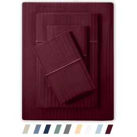 Feather & Stitch King Size Damask Bed Sheets|100% Soft Cotton Breathable BedSheet 4 Pc Set 18" Deep Pockets 500 TC Sateen Weave Striped Bedding Mattress Resort Hotel Luxury Decor|Burgundy