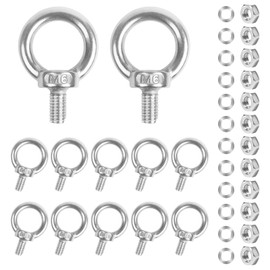 12PCS Lifting Eye Bolt, Eye Screws M6 Stainless Steel Eye Bolts Heavy Duty Ring Shoulder Eyebolt with Full Nuts and Washer for Living and Various Engineering Lifting Equipment Fasteners