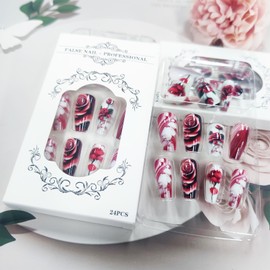 Red Rose Flower Press on Nails Valentines Acrylic Medium Coffin Fake Nails Glossy Red Curve Line False Nails Rose Amber Stick on Nails Romantic Gift Gel Glue on Nails for Coquette Women Girls 24Pcs