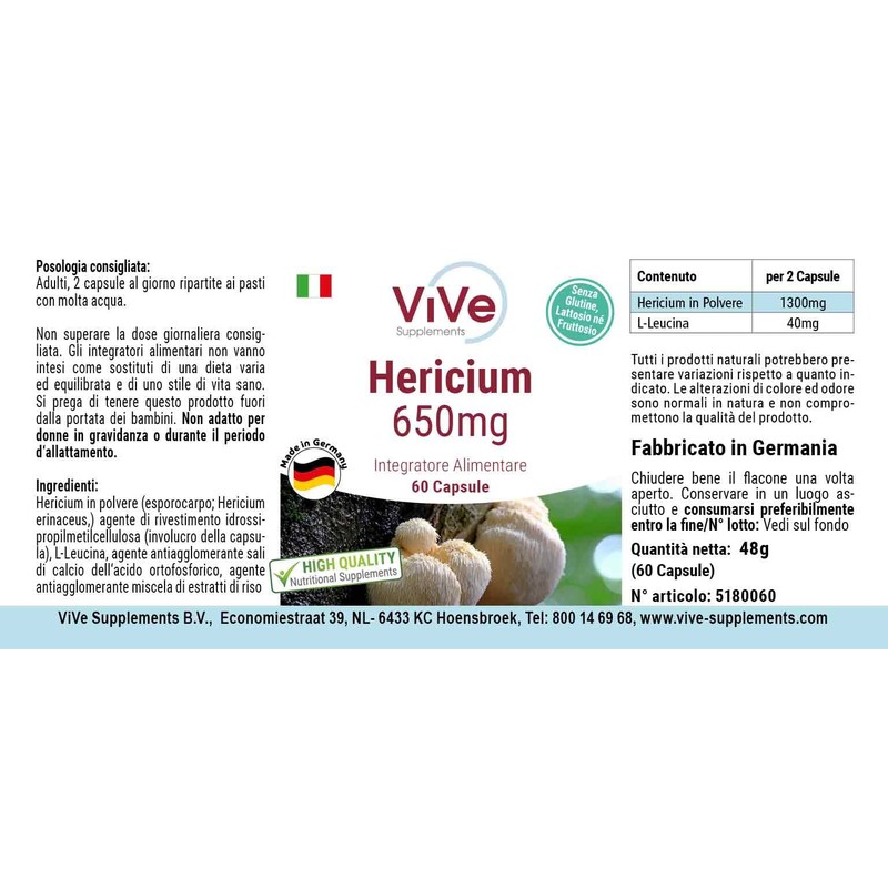 Hericium 650 mg – 60 Capsules Mushroom Powder – Vital
