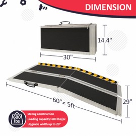 PENSUN 5FT Wheelchair Ramp, 60" L x 29" W Threshold Ramps, Non-Skid Portable Foldable Wheelchair Ramps for Steps, Lightweight with Handle, for Home, Stairs, Doorways, Curbs / 600lbs Capacity (5FT)