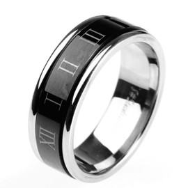 HIJONES Jewellery Mens Stainless Steel Roman Numerals Turn Luck Rings, Black and Silver Size N 1/2