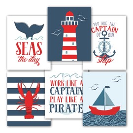 6 Reversible 8x10 Nautical Wall Art Prints, Nautical Bathroom Decor, Nautical Decorations For Home, Nautical Baby Shower Decorations, Nautical Theme Party Supplies, Nautical Nursery Decor