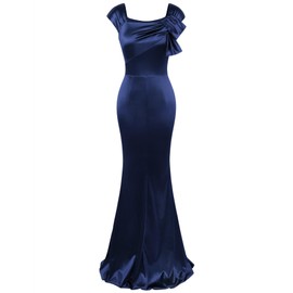 MUXXN Women's Cap Sleeve Gowns and Evening Dresses Square Neck Maxi Long Satin Vintage Prom Dress Navy Blue XL