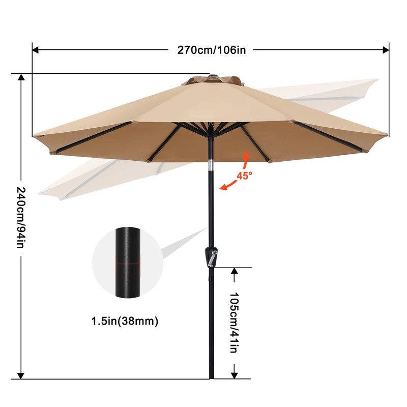 ABCCANOPY 9FT Outdoor Patio Umbrella, 8 Ribs Table Umbrella w/Crank