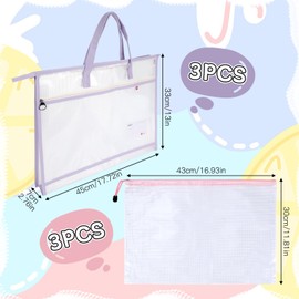 lahnao 6 Pcs A3 Project Bag for Quilting, 3 Sewing Craft Storage Bag with Handles + 3 Mesh Zipper Pouch, Art Supply Bag Storage Organize for Artwork for Art Craft, Wearable Craft, Teaching Material