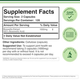 Boswellia Serrata - 240 Capsules (Max Strength 1,000mg of 65% Boswellic Acid Extract) Boswellia Extract Capsules (Joint Support Supplement for Joint Health) Third Party Tested by Double Wood