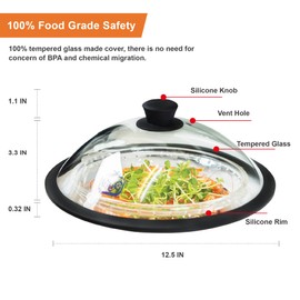 OEC Vented Splatter Guard Microwave Glass Cover with Easy-Grip Handle - 100% Food Grade Tempered Glass & BPA Free Silicone Rim. Compatible with Plates, Dishwasher Safe - 12.5” Diameter – Black